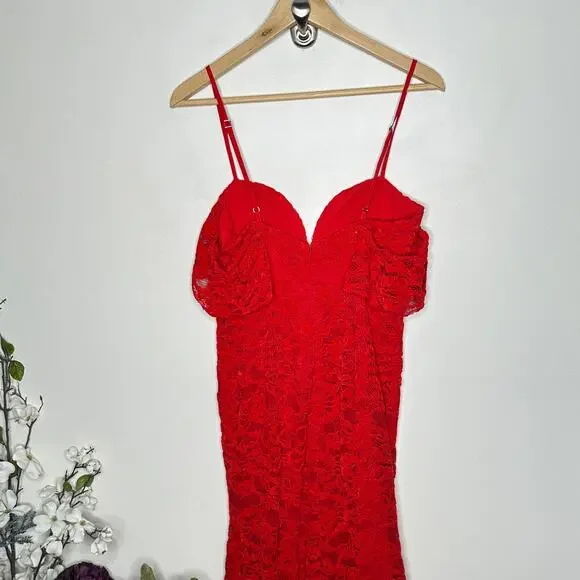 MAJORELLE Angelique Flocked Velvet Lace Gown Maxi Dress Cherry Red Sz S  {R15} - coffeafoods.com